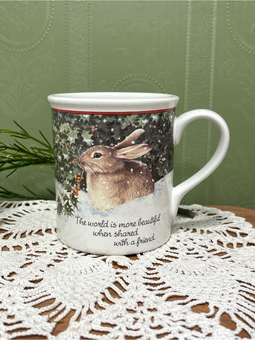 Rustic Bunny Holiday Ceramic Mug - White